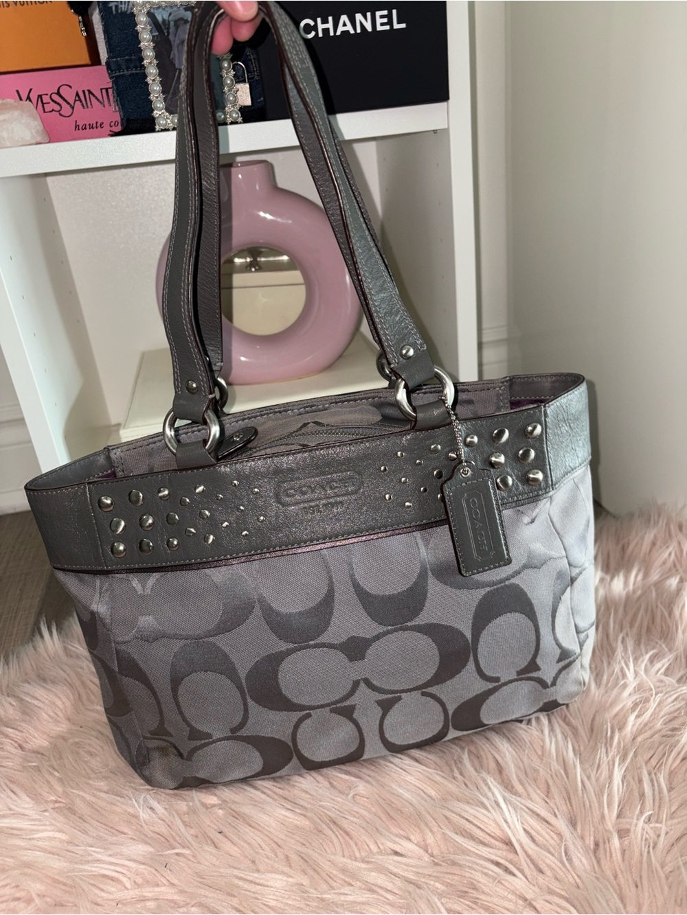 COACH Grey Signature Jacquard Studded Tote Shoulder Bag Leather Trim F15240